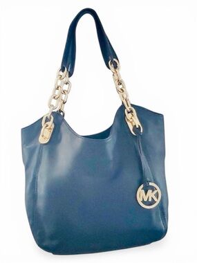 Michael Kors Navy Leather Shoulder Tote with Gold Chain Accents
